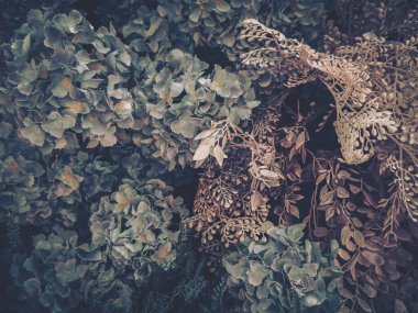 Yapay çiçek çeşitleri dokulu ve renkli bir görüntü oluşturur. Yeşil ve kahverengi renkler bu çiçek aranjmanına hakimdir..