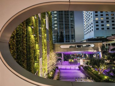 Hong Kong, Çin - 12 Mart 2025: oval pencere çerçeveli kentsel vaha, mor renklerle aydınlatılmış dikey bir bahçe, köprü ve havuz, geceleri şehir binalarının bir zeminine karşı kuruluyor.
