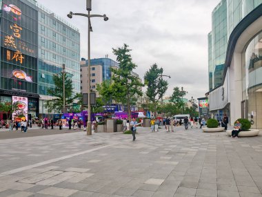 Pekin, Çin - 15 Eylül 2025: Pekin 'deki Wangfujing Sokağı yayalarla uğulduyor. Modern binalar, dükkanlar ve ağaçlar bulutlu bir gökyüzü altında bu geniş şehir caddesine dizilmiştir..