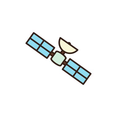 Merkezi açık yeşil gövdeli uydu, açık sarı parabolik çanak anten ve iki dikdörtgen açık mavi güneş paneli yan yana uzanıyor. Nesnenin basit ve kalın bir dış çizgisi vardır ve beyaz bir arkaplana karşıdır.