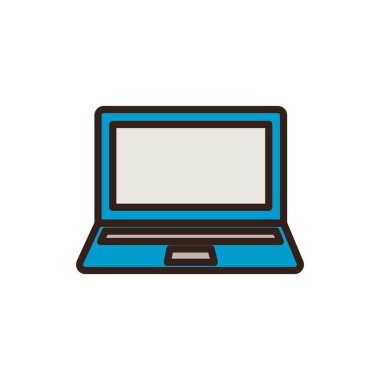 Mavi gövdeli bir dizüstü bilgisayar, koyu gri bir klavye alanı ve açık gri bir ekran, hepsi koyu kahverengi..