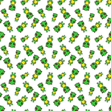 Yeşil vücutlu, sarı tişörtlü bir uzaylı. Uzaylının büyük, koyu kahverengi oval gözleri, gülümseyen küçük bir ağzı ve kafasında iki küçük pembe anten benzeri çıkıntısı var.