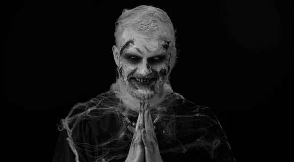 Ледь Хитрий Зловісний Один Чоловік Костюмі Хеллоуїна Божевільний Зомбі Кривавими — стокове фото