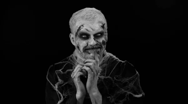 Hinterlistige Listige Zombie Mann Mit Geschminkten Wunden Narben Mit Kniffligem — Stockfoto