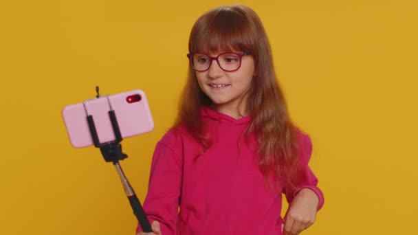 Young Preteen Child Girl Kid Blogger Taking Selfie Smartphone Selfie — Stock Video
