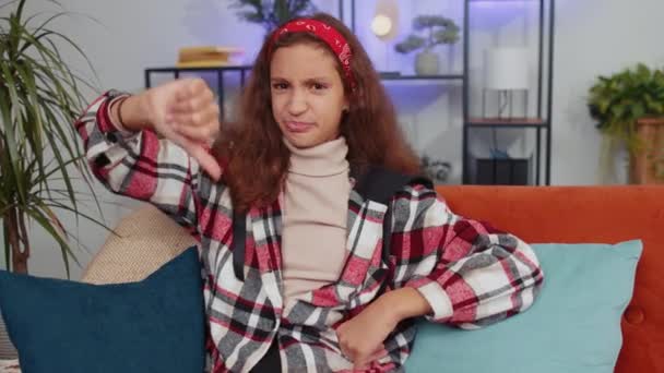 Dislike Upset Girl Showing Thumbs Sign Gesture Expressing Discontent Disapproval — Stock Video