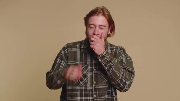 Tired Handsome Bearded Man Checkered Shirt Yawning Sleepy Inattentive Feeling — Stock Video