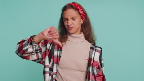 Dislike Upset Young Teenager Child Girl Kid Showing Thumbs Sign — Stock Video