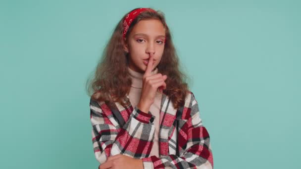 Shh Quiet Please Preteen Child Girl Kid Presses Index Finger — Stock Video
