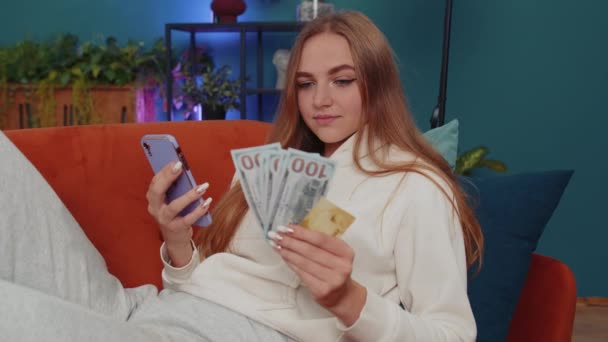 Planning Family Budget Smiling Lovely Girl Counting Money Dollar Cash — Video