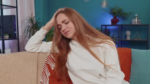 Portrait Sad Girl Sitting Home Looks Pensive Thinks Life Concerns — Stok video