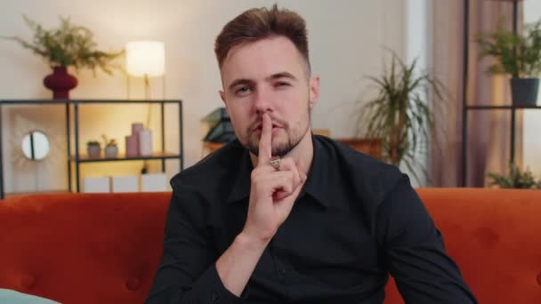 Shh Quiet Please Portrait Caucasian Bearded Man Presses Index Finger — Stock Video