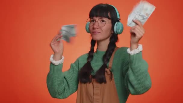 Happy Millennial Woman Holding Fan Cash Money Dollar Banknotes Celebrate — Stock Video