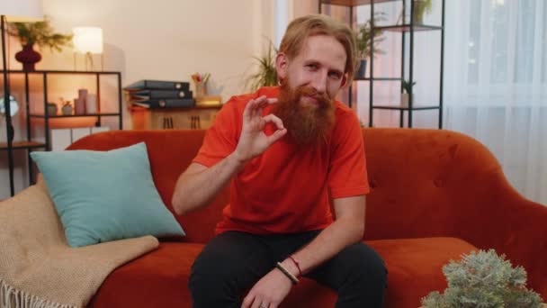 Tamam Mutlu Sakallı Neşeli Kızıl Adam Kameraya Bakıyor Bir Jest — Stok video