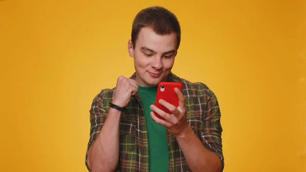 Happy Excited Joyful Man Boy Casual Green Shirt Use Mobile — Stock Photo, Image
