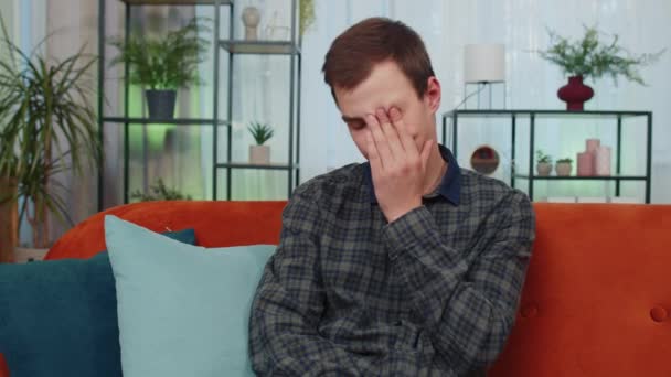 Portrait Sad Teen Man Sitting Home Looks Pensive Thinks Life — Stock Video