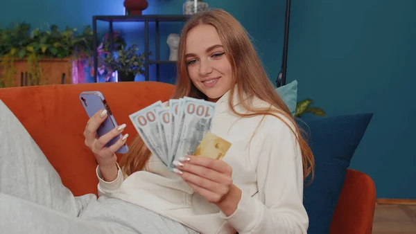 Planning Family Budget Smiling Lovely Girl Counting Money Dollar Cash — Stock fotografie