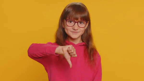 Dislike Upset Young Preteen Child Girl Kid Showing Thumbs Sign — 스톡 사진