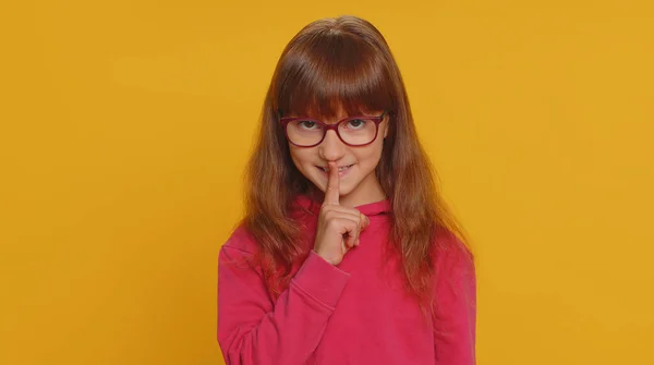 Shh Quiet Please Preteen Child Girl Kid Presses Index Finger — Stock Fotó