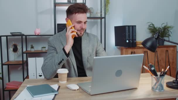 Businessman Suit Working Having Mobile Phone Talk Office Workplace Desk — Stockvideo
