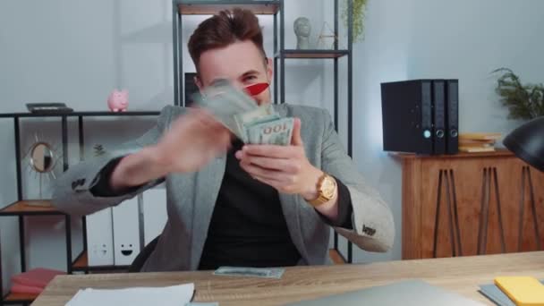 Cheerful Rich Businessman Suit Working Laptop Wasting Throwing Money Camera — Video