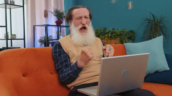 Overjoyed Senior Old Grandfather Home Laptop Scream Delight Raise Hands — Stock Photo, Image