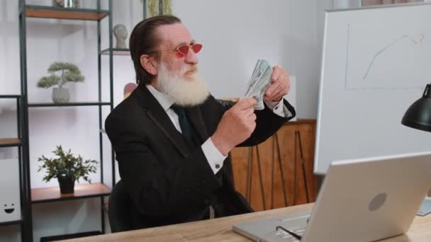 Rich Pleased Boss Elderly Businessman Waving Money Dollar Cash Banknotes — Stock Video