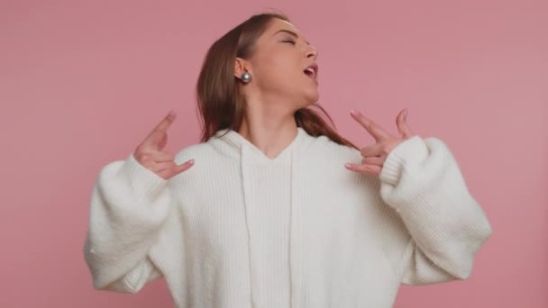 Rock Roll Overjoyed Delighted Woman Years Old Sweater Showing Gesture — Stock Video