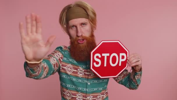 Stop Serious Hippie Man Say Hold Inscription Text Red Stop — Stock Video