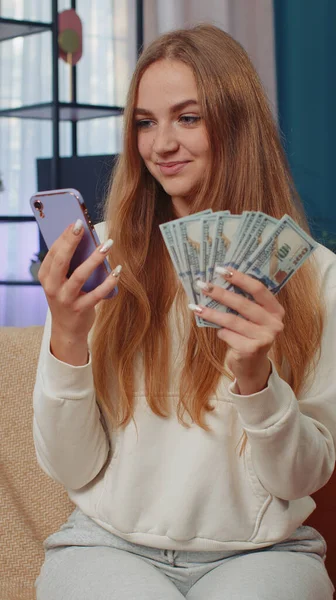 Planning Family Budget Smiling Happy Girl Counting Money Dollar Cash — Fotografia de Stock