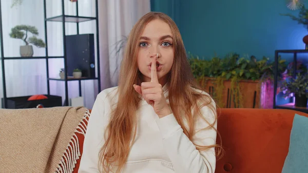 Shh Quiet Please Adult Caucasian Girl Presses Index Finger Lips —  Fotos de Stock