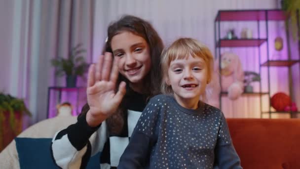 Pov Teenage Little Sisters Child Kids Using Laptop Making Video — Stock Video