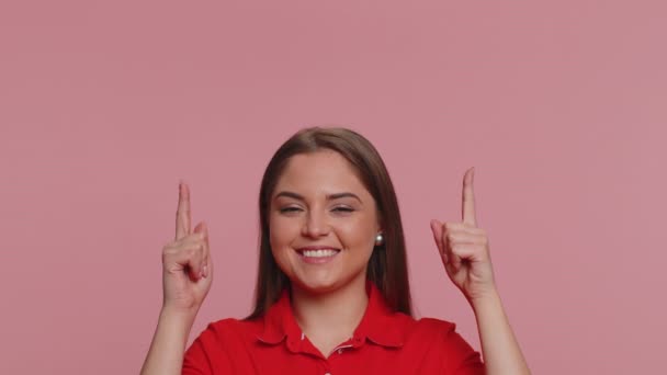 Lovely Woman Shirt Showing Thumbs Pointing Empty Place Advertising Area — Stock Video