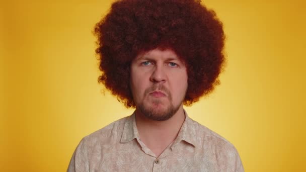 Offended Bearded Man Afro Hairstyle Coiffure Having Misunderstanding Showing Tongue — Stock Video