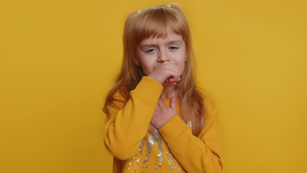Unhealthy Young Preteen Child Girl Coughing Covering Mouth Hand Feeling — Stock Video
