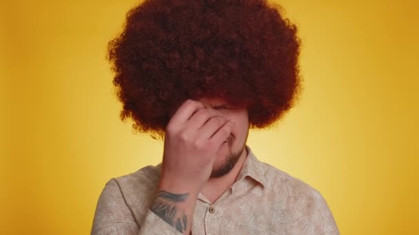 Upset Disappointed Bearded Hipster Man Lush Afro Hairstyle Wipes Tears — Stock Video