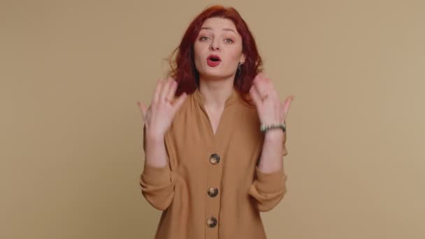 Quarrel Displeased Redhead Woman Gesturing Hands Irritation Displeasure Blaming Scolding — Stock Video