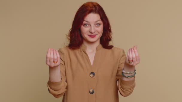 Cheerful Rich Millennial Woman Showing Wasting Throwing Money Hand Gesture — Vídeo de stock