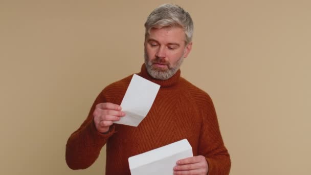 Senior Middle Aged Man Open Envelope Take Out Letter Reads — Vídeo de Stock