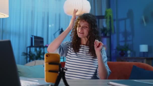 Young Woman Sitting Desk Blogger Taking Selfie Smartphone Tripod Communicating — Vídeo de stock
