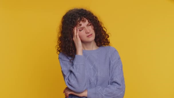 Hipster Young Curly Haired Woman Sweater Rubbing Temples Cure Headache — Video Stock