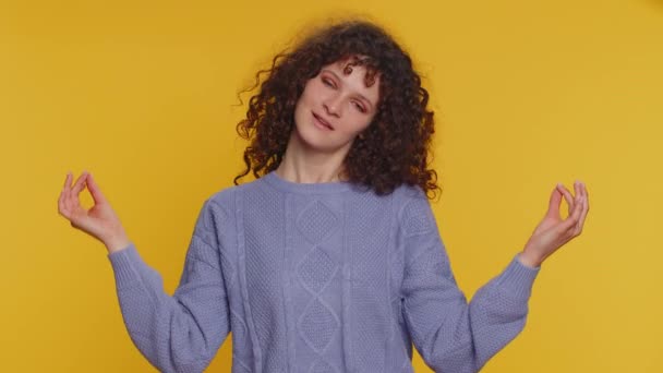 Keep Calm Relax Inner Balance Curly Haired Woman Breathes Deeply — Stock Video