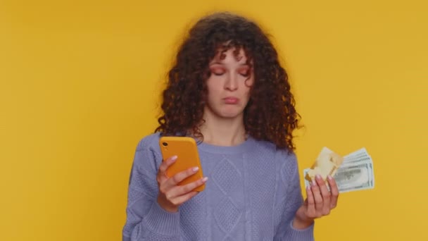 Sincere Curly Haired Woman Customer Using Credit Bank Card Smartphone — Video