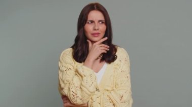 Eureka. Inspired pretty woman pointing finger up with open mouth, having good idea, plan, startup, showing inspiration motivation gesture, problem solution. Young girl isolated on gray background