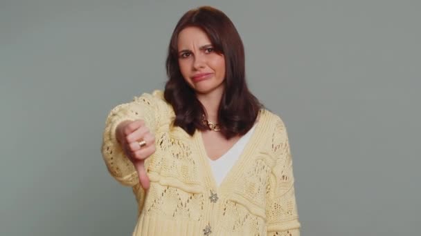 Dislike Upset Unhappy Pretty Woman Cardigan Showing Thumbs Sign Gesture — Vídeo de stock