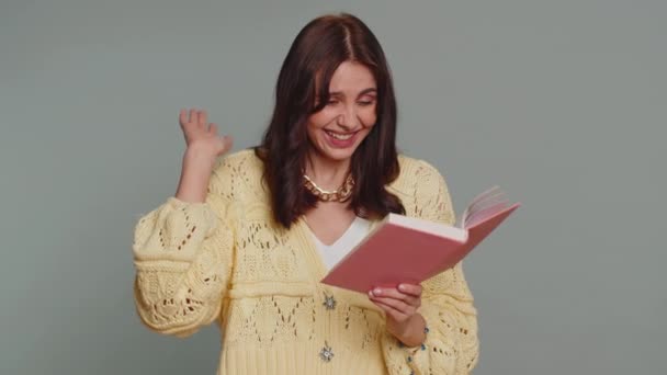 Happy Pretty Woman Reading Funny Interesting Fairytale Book Leisure Hobby — стоковое видео
