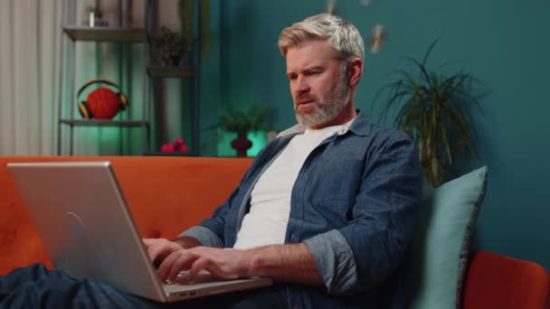 Tired Middle Aged Man Freelancer Use Laptop Suffering Headache Problem — Vídeo de Stock