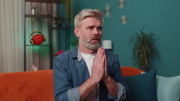 Please God Help Middle Aged Man Praying Sincerely Folded Arms — Stok video