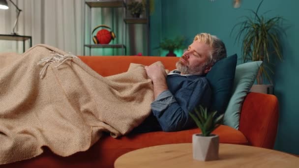 Tired Middle Aged Man Lying Bed Taking Rest Home Carefree — Stock Video
