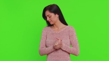 Young pretty woman feeling hopelessness loneliness, nervous breakdown, loses becoming surprised by lottery results, bad fortune, loss, unlucky news. Caucasian girl isolated on chroma key background